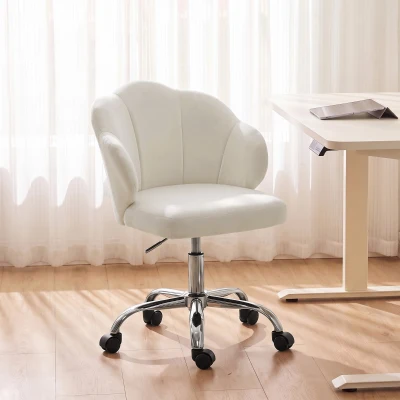 HOMCOM Silla de Oficina Forma de Pétalo con Ruedas de Terciopelo Función Basculante Asiento Ancho Altura Ajustable Crema