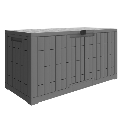 Outsunny Außen-Aufbewahrungsbox 379 L abschließbar mit Gasdruckfeder, Holzoptik, 122,5x56x62cm, Grau