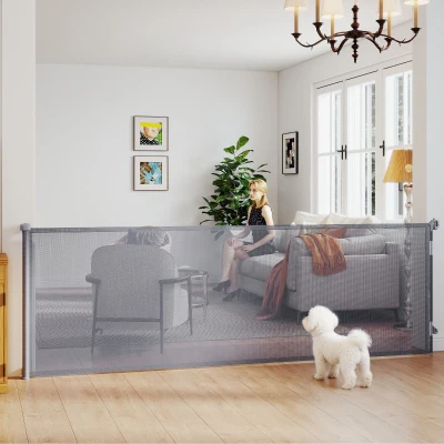 PawHut Retractable Dog Gate Mesh for Stairs Doorways Black