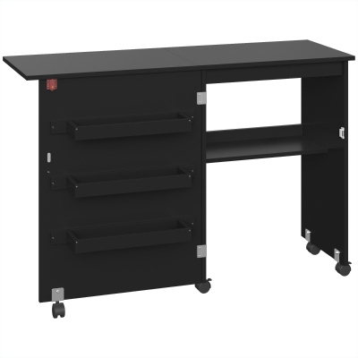 HOMCOM Mesa de costura plegable mueble de costura con tablero abatible, compartimentos de almacenamiento, estantería abierta y ruedas, negro
