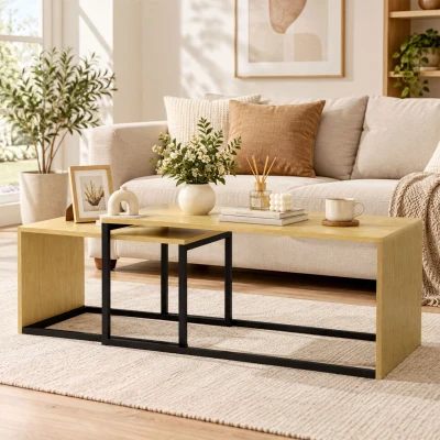 HOMCOM Zestaw 2 stolików kawowych, stolik do kawy, stolik pomocniczy, MDF, metal, 90 x 48 x 42 cm/59 x 42 x 36 cm, drewno naturalne + czarny