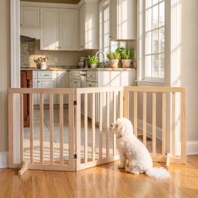 PawHut Wooden Dog Gate 3-Panel Freestanding Indoor Natural