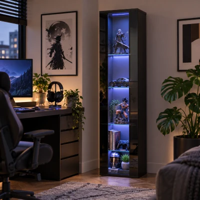Vitrinekast met LED-kleurverlichting, afstandsbediening en app-bediening, transparante glazen scheidingswand, 4 displayniveaus, spaanplaat en glas, 40X29X170 cm, zwart