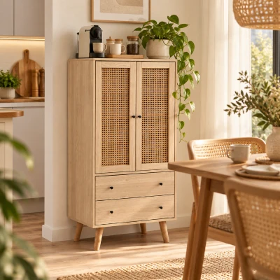 Highboard 120 cm met 2 lades en 2 deuren, rattan-deuren en push-to-open systeem, veel opbergruimte en multifunctioneel als tv-meubel, spaanplaat met massief houten poten, draagkracht 30 kg, 60x40x120 cm, naturel