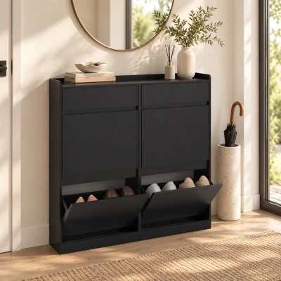 HOMCOM Zapatero Slim en Madera con 4 Cajones Abatibles y 2 Cajones Deslizantes, 98x19.2x95.3 cm, Negro