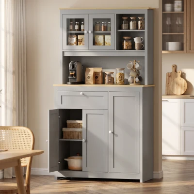 HOMCOM Voorraadkast met open werkblad en kabeldoorvoer, keukenbuffet met glazen deuren, grijs, 180 cm