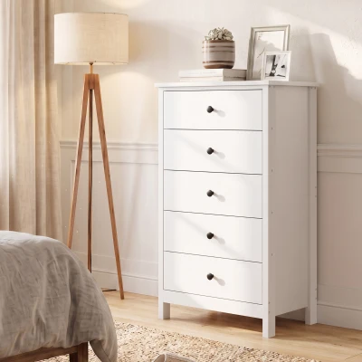 HOMCOM Kommode mit 5 Schubladen, mit schwarzen Griffen, für Schlafzimmer und Wohnzimmer, 50 x 35 x 90 cm, Weiß
