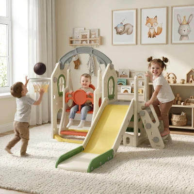 AIYAPLAY 6-in-1 Toddler Slide & Swing Set Adjustable Cream