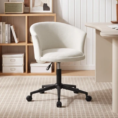 HOMCOM Silla de Oficina con Asiento Ancho Altura Ajustable Chenilla Envolvente y Ruedas Giratorias Blanco Crema