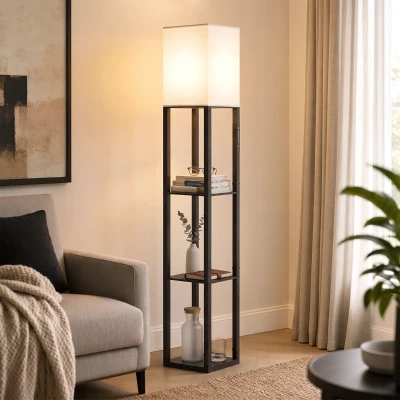 HOMCOM Modern Floor Lamp with Shelves Fabric Shade Black