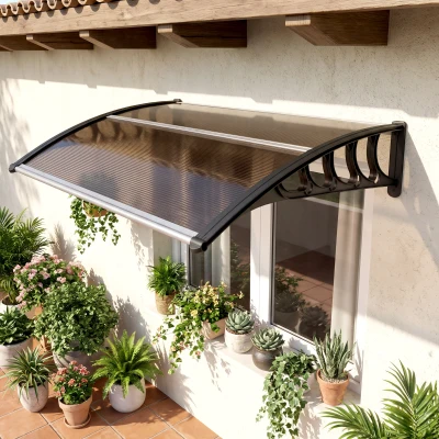 Outsunny Marquesinas Exterior para Puertas y Ventanas, 103x96,5 cm, Tejadillo de Protección contra Sol y Lluvia, con Cubierta de Policarbonato, Soportes de PP y Regleta de Aluminio, Marrón