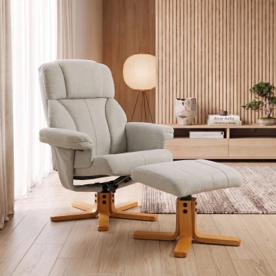 HOMCOM Relaxsessel 130° verstellbare Rückenlehne 360° drehbar Fernsehsessel mit Hocker Cremeweiß