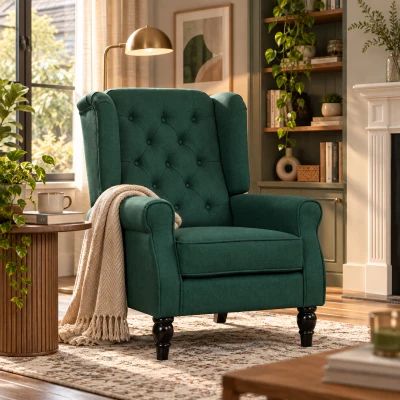HOMCOM Elegante oorfauteuil, dik gewatteerd, afneembare bekleding, 74 x 86 x 102 cm, Donkergroen