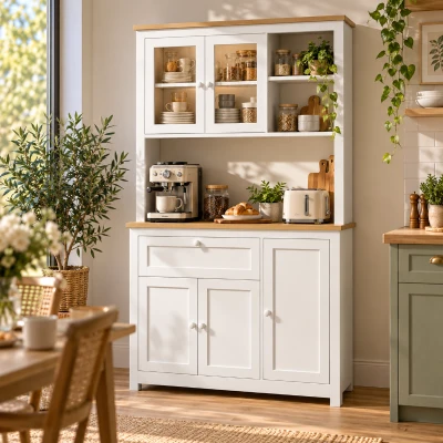 HOMCOM Keukenkast 100cm met Vitrine en Lade Landhuisstijl Natuur Wit