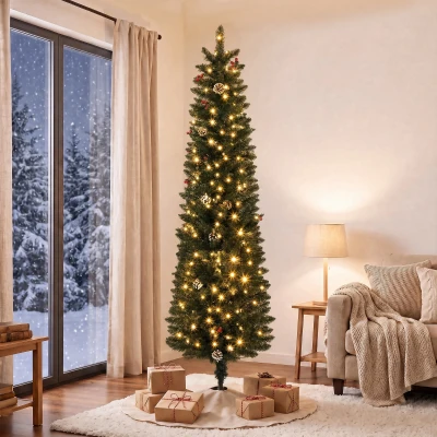 HOMCOM Albero di Natale Slim 180cm con 170 Luci LED, Verde