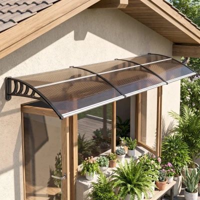 Outsunny Vordach für Haustür/Fenster, wetterfest, Braun, Aluminium-Verbindungstangen/Polycarbonat, 303x96x27cm, Schwarz