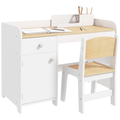 ZONEKIZ Bureau Enfant avec Chaise, Tiroir, Placard, 80x39x59cm Blanc