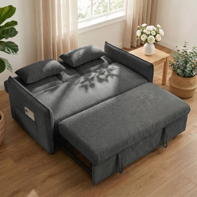 HOMCOM Canapé Convertible 2 Places Chenille Gris Porte-Gobelets