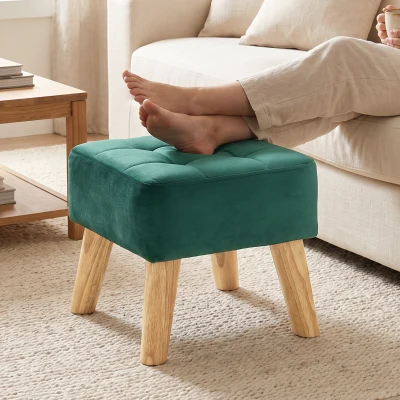 HOMCOM Fußhocker, Ottoman, gepolsterter Sitz mit Stoffbezug und Holzfüßen, 27 x 27 x 26 cm, Dunkelgrün