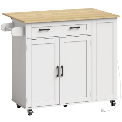 HOMCOM Ilha de Cozinha com Rodas, Tampo Extensível, Estação de Carregamento, Compartimento para Balde, Prateleiras nas Portas, Branco