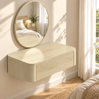 HOMCOM Coiffeuse Murale Moderne Chêne Miroir Rond Tiroir 60cm