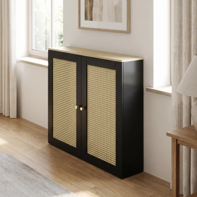 HOMCOM Cache-Radiateur Rotin 2 Portes 78x19x75cm Noir Salon