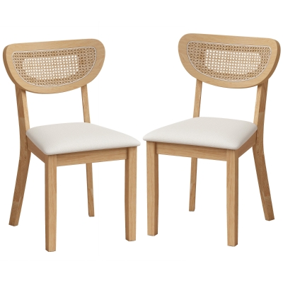 HOMCOM Chaises Salle à Manger Lin Rotin Pieds Hévéa Beige Lot de 2