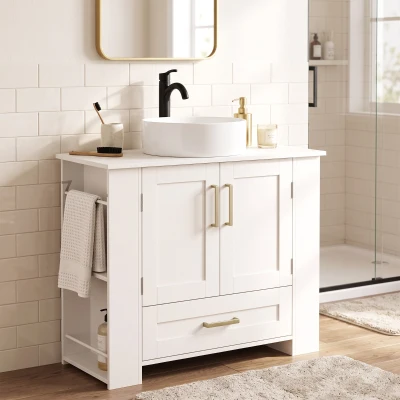 HOMCOM Mueble Bajo Lavabo Estantes en la Puerta Portarrollos Cajón Compartimentos Abiertos para Lavabo sin Pedestal Blanco