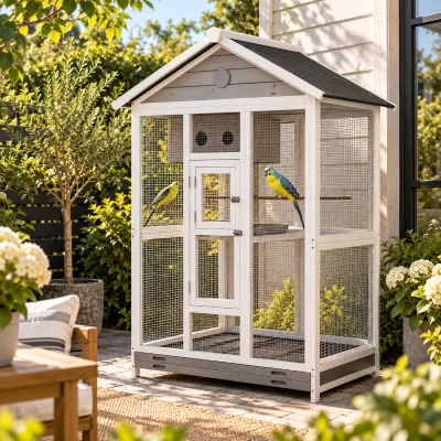 PawHut Houten vogelkooi met 4 zitstokken, asfaltdak, waterdicht, 112 x 68 x 154 cm
