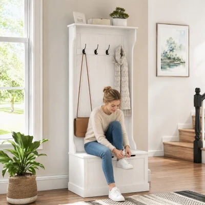 HOMCOM Móvel de Entrada com Cabide, Banco e Arrumação Branco Moderno 71,5x39,5x170 cm