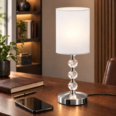 HOMCOM Modern Crystal Table Lamp USB Ports Silver Tone
