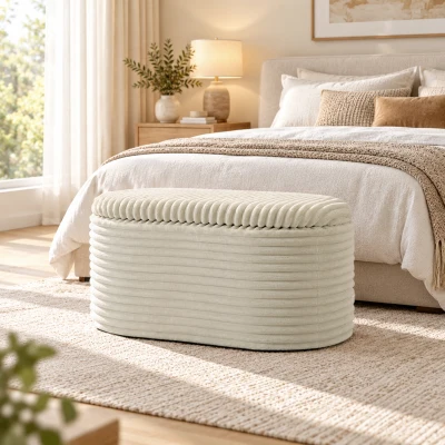 HOMCOM 3-teiliges Stauraum-Pouf-Set aus Rippensamt für Wohnzimmer und Schlafzimmer, Creme