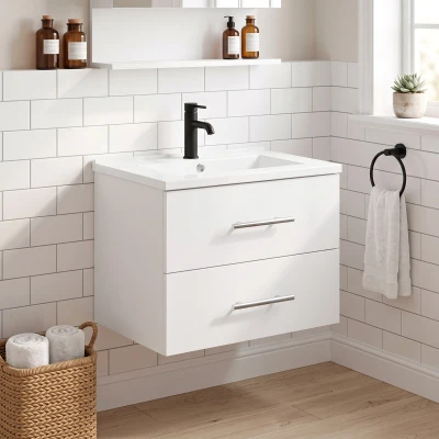 HOMCOM Móvel de Casa de Banho Suspenso com Lavatório Armário com 2 Gavetas 60 cm Branco