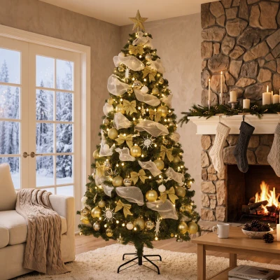 HOMCOM Árvore de Natal Artificial Pré-iluminada 230 cm com 250 Luzes LED, 8 Modos, 1136 Pontas, Comando à Distância, Verde