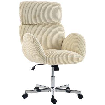 HOMCOM Silla de Oficina con Reposabrazos Respaldo Alto Reposacabezas Regulable Ruedas Altura Ajustable Giratoria Crema