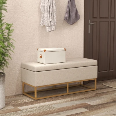 HOMCOM Banc Coffre Beige/Doré Capitonné Pieds Acier 110cm