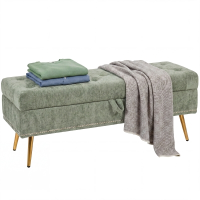 HOMCOM Chenille Storage Ottoman Metal Legs 114x41x45cm Light Green