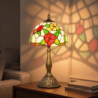 HOMCOM Tiffany Stained Glass Table Lamp Antique Red Sunflower
