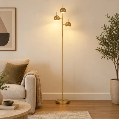 HOMCOM 350° verstelbare vloerlamp voor woonkamer en kantoor, staande lamp met 3 stalen kappen, goudkleurig