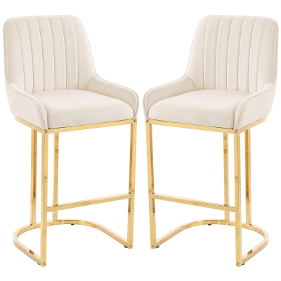 HOMCOM Bar Stools Set of 2 Backrest Gold Legs Cream White
