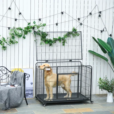 PawHut Metal Dog Cage Locking Door 109.5x71cm Wheels