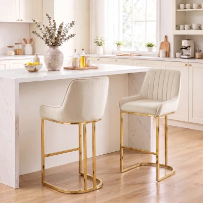 HOMCOM Bar Stools Set of 2 Backrest Gold Legs Cream White
