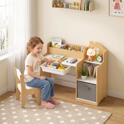 AIYAPLAY Secretária Infantil com Cadeira, Cesto de Tecido, Gaveta, 2 Compartimentos e Estantes, para Estudar e Desenhar, 3-8 Anos, Natural