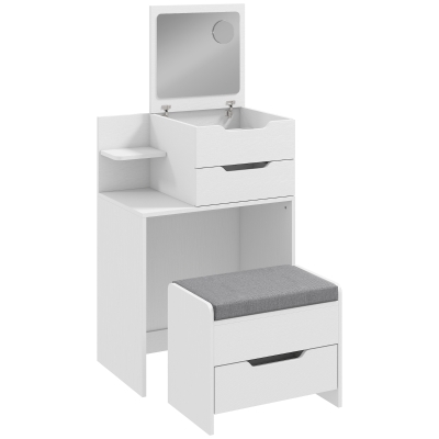 HOMCOM Coiffeuse Blanc Miroir Rabattable Tabouret Roulettes Tiroir