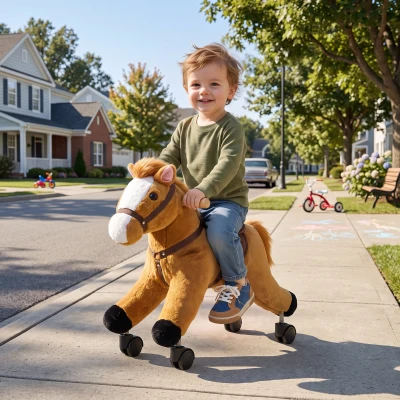 AIYAPLAY Caballo de Juguete para Montar con Ruedas, Correpasillos de Felpa con Sonidos de Cascos y Relinchos, Marco de Metal, Regalo para Niños y Niñas 18-36 Meses, Carga 50 kg, Marrón
