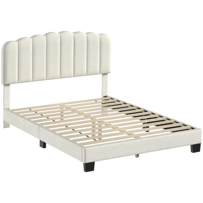 HOMCOM Lit Double 140x190cm Velours Crème Sommier Bois