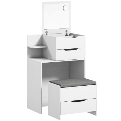 HOMCOM Kaptafel met spiegel en kruk, opklapbare spiegel, make-uptafel met lades, wit