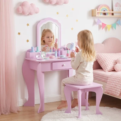 ZONEKIZ Tocador Infantil para Niñas y Niños de +3 Años con Taburete Espejo Cajón y Cajas de Almacenaje Forma de Nube Rosa