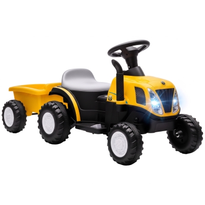AIYAPLAY Trator Elétrico para Crianças com Reboque Desmontável 6V, Luzes, Música, Buzina e Pedal, 1-3 Anos, 2,5 km/h, Amarelo