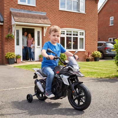 AIYAPLAY Moto Elétrica Infantil BMW G310 GS 12 V com Licença Oficial, 2 Rodas Auxiliares, Arranque Suave, 3-6 km/h, Preto